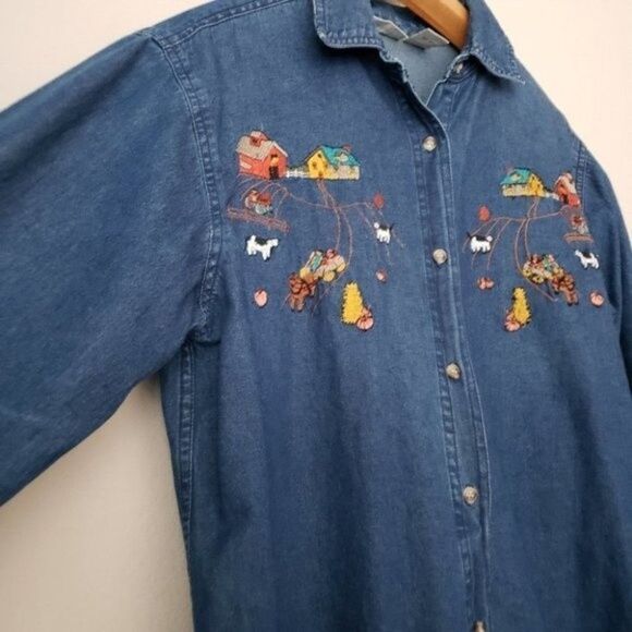 Cabin Creek farm embroidery denim shirt size medium tall - Picture 3 of 8